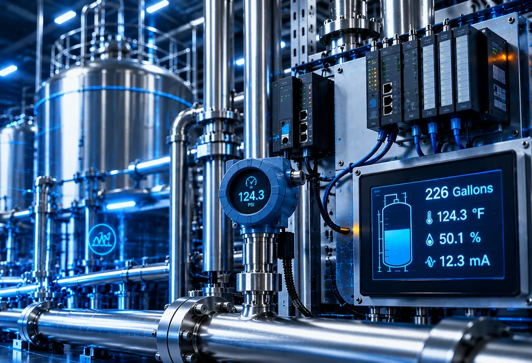 Stainless steel process tanks and piping with a pressure transmitter reading 124.3 PSI and a control panel showing tank level, temperature and a 12.3 mA signal
